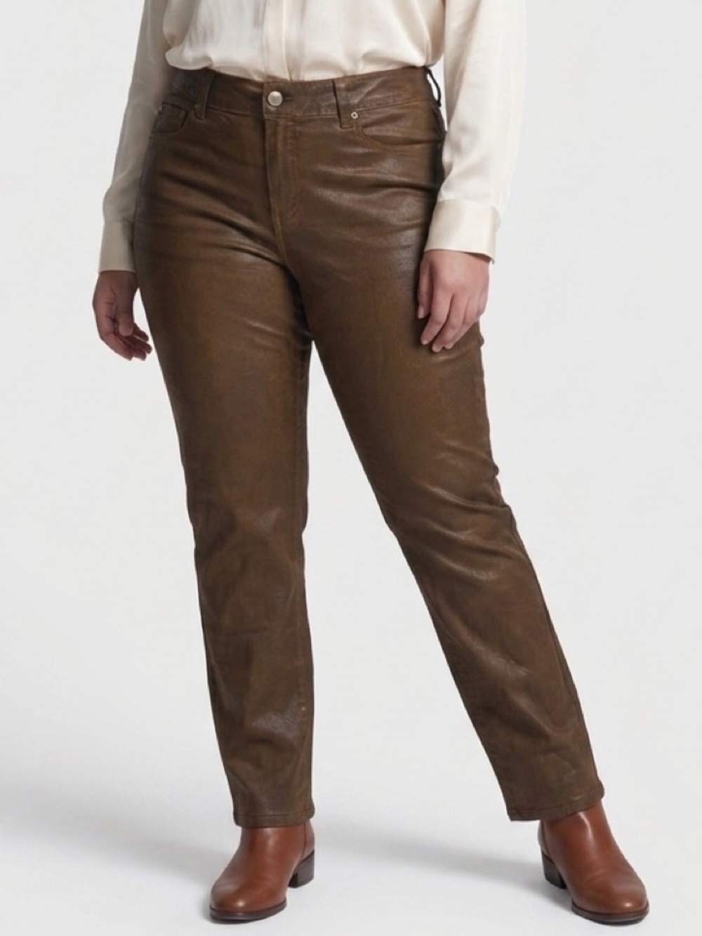 NYDJ Straight-Leg Faux Leather Jeans in Brown